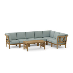 Outdoor patio sectional sofa by Anderson Teak in cast pomegranate teak wood, designed for garden lounge with 9 color options.