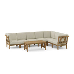 Outdoor teak wood sectional sofa by Anderson Teak in cast pomegranate color, designed for garden lounge and patio relaxation.