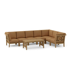 Anderson Teak NATSEPA teak wood outdoor patio sectional sofa set in pomegranate color, designed for garden lounge comfort.