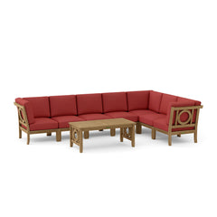 Outdoor teak wood sectional sofa set by Anderson Teak in cast pomegranate color, designed for garden lounge and patio use.
