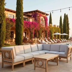 Outdoor teak patio sectional sofa by Anderson Teak with vibrant cast pomegranate cushions, 9 designer color options for garden lounge.