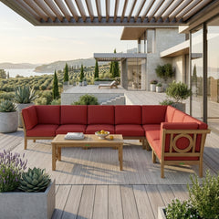 Anderson Teak SET-136 NATSEPA teak wood outdoor patio sectional sofa in pomegranate color for garden lounge.
