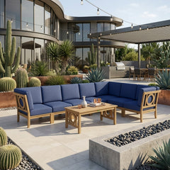 Anderson Teak NATSEPA teak wood outdoor patio sectional sofa set with cushions in Pomegranate color, garden lounge furniture.