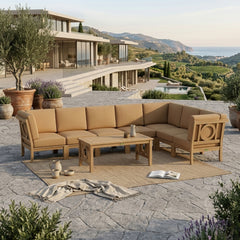 Outdoor patio sectional sofa set by Anderson Teak in cast pomegranate teak wood with nine designer colors for garden lounge.