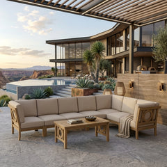 Anderson Teak SET-136 Natsepa teak wood outdoor patio sectional sofa in pomegranate color, suitable for garden lounge areas.