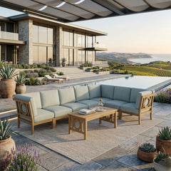 Outdoor teak wood sectional sofa from Anderson Teak in pomegranate, featuring a stylish garden lounge design with 9 color options.