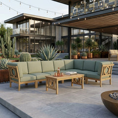 Outdoor teak wood sectional sofa set by Anderson Teak in cast pomegranate color, designed for garden lounge patios.