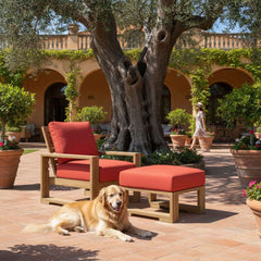 Anderson Teak Capistrano Deep Seating Set with one armchair and table, in pomegranate color, for outdoor garden lounge.