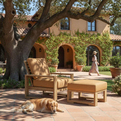Anderson Teak Capistrano Deep Seating Set with armchair and table in vibrant cast pomegranate color for outdoor garden lounge.