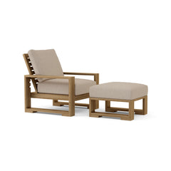Anderson Teak Capistrano deep seating set with one armchair and table in vibrant pomegranate color, outdoor patio furniture.