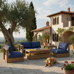 Anderson Teak Copacabana teak wood outdoor sofa set with colorful cushions, perfect for garden lounge and outdoor patio seating.