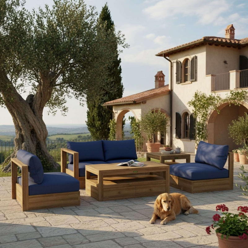 Anderson Teak Copacabana teak wood outdoor sofa set with colorful cushions, perfect for garden lounge and outdoor patio seating.