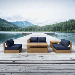 Anderson Teak Copacabana teak wood outdoor sofa set with colorful cushions, designed for garden lounge and patio seating.