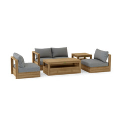 Anderson Teak Copacabana teak wood outdoor sofa set with plush cushions, garden lounge seating, in vibrant pomegranate color.