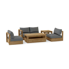 Anderson Teak Copacabana teak wood outdoor sofa set with plush cushions, in vibrant pomegranate color for garden lounge or patio.