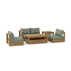 Anderson Teak Copacabana teak wood outdoor sofa set with plush cushions in pomegranate, perfect for garden lounge and patio seating.