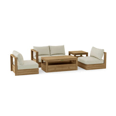 Anderson Teak Copacabana teak wood outdoor sofa set with colorful cushions for garden lounge and patio seating.