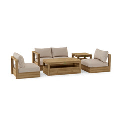 Anderson Teak Copacabana teak wood outdoor sofa set with colorful cushions, designed for garden lounge and patio seating.