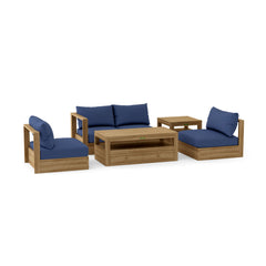 Anderson Teak Copacabana teak wood outdoor sofa set with pomegranate cushions, designed for garden lounge and patio relaxation.