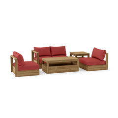 Outdoor patio sofa set in teak wood with colorful cushions, part of Anderson Teak's Copacabana collection for garden lounge seating.