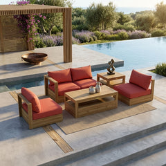 Anderson Teak Copacabana teak wood outdoor sofa set in cast pomegranate, perfect for garden lounge, with nine designer color options.