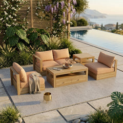 Anderson Teak Copacabana teak wood outdoor patio sofa set in cast pomegranate, designed for garden lounge with 9 color options.