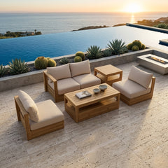 Anderson Teak Copacabana teak wood outdoor sofa set with colorful cushions, suitable for garden lounge and patio seating.