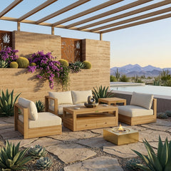 Anderson Teak Copacabana Teak Wood Outdoor Patio Sofa Set in Pomegranate, 9 designer colors, perfect for garden lounge seating.