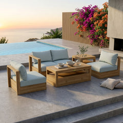 Anderson Teak COPACABANA teak wood outdoor sofa set with colorful cushions for garden lounge and patio seating.