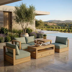 Anderson Teak Copacabana teak wood outdoor patio sofa set with colorful cushions, perfect for garden lounge and outdoor seating.