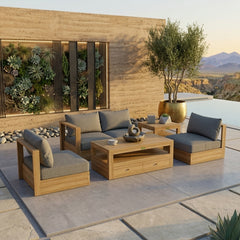 Anderson Teak Copacabana teak wood outdoor sofa set with plush cushions, in vibrant pomegranate color for garden lounge.