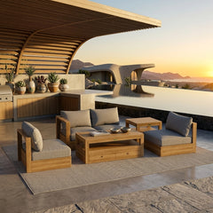 Anderson Teak Copacabana teak wood outdoor sofa set with colorful cushions, perfect for garden lounge and patio seating.