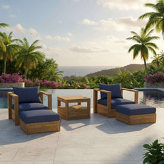 Anderson Teak Copacabana teak wood outdoor sofa set with two armchairs and two ottomans in vibrant designer colors.