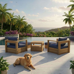Anderson Teak Copacabana teak wood deep seating set with 2 armchairs and 2 ottomans in vibrant pomegranate color.