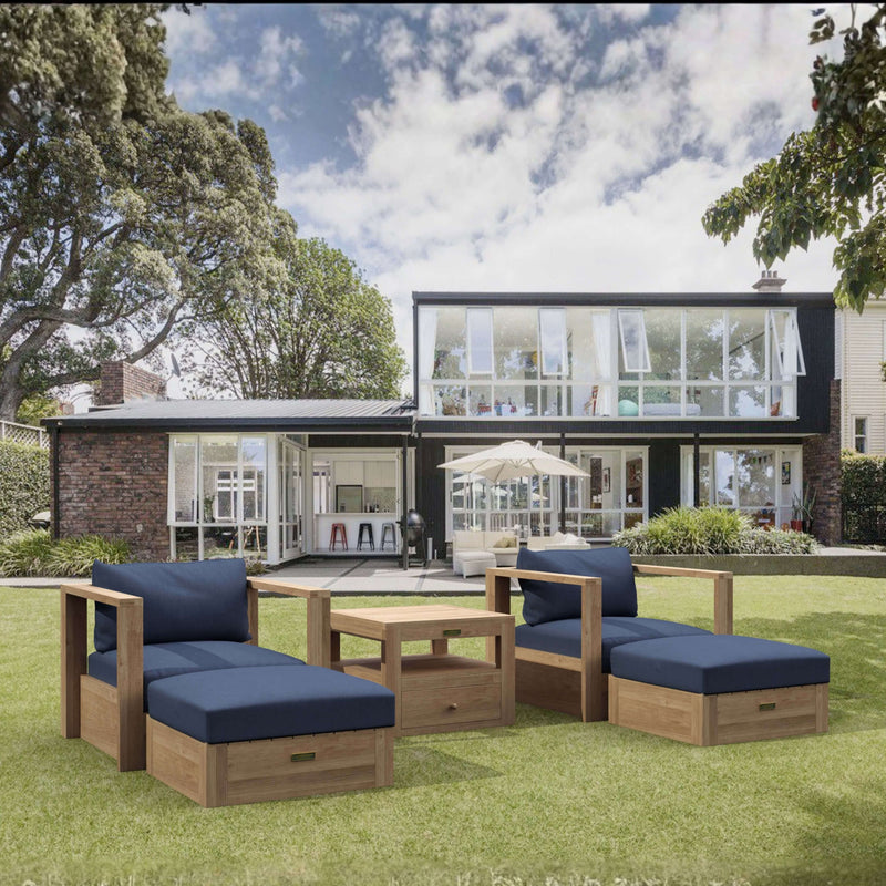 Anderson Teak Copacabana deep seating set with two armchairs and ottomans in vibrant Pomegranate teak wood, outdoor patio furniture.