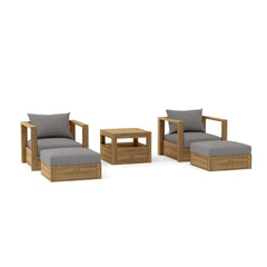 Anderson Teak Copacabana deep seating set with two armchairs and two ottomans, in vibrant pomegranate teak finish for outdoor patio lounging.