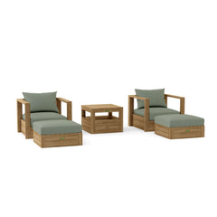 Anderson Teak Copacabana deep seating set with two armchairs and two ottomans in vibrant pomegranate teak wood finish.