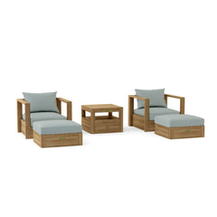 Anderson Teak Copacabana teak wood deep seating set with 2 armchairs and 2 ottomans in vibrant pomegranate color for outdoor patio.