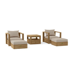 Anderson Teak Copacabana teak wood outdoor sofa set with 2 armchairs and 2 ottomans in deep seating style, shown in pomegranate color.