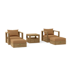Anderson Teak Copacabana teak wood outdoor sofa set with two armchairs and two ottomans in pomegranate color for garden lounge.