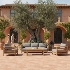 Anderson Teak Córdoba Teak Wood Sofa Set with deep seating in pomegranate, includes cushions, outdoor patio garden lounge furniture