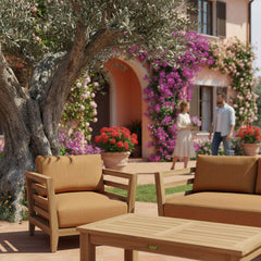 Anderson Teak Cordoba teak wood outdoor sofa set with deep seating in pomegranate red, part of the 9-color Cordoba collection.