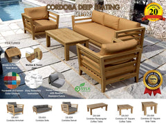 Anderson Teak Cordoba Teak Wood outdoor sofa set in deep seating style with colorful cushions for garden lounge.