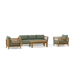 Anderson Teak Córdoba Teak Wood Sofa set in deep seating with pomegranate cushions, outdoor patio lounge in vibrant designer colors