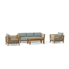 Anderson Teak Cordoba Teak Wood Sofa set in deep seating with colorful cushions, outdoor patio garden lounge furniture.