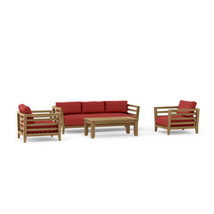 Anderson Teak Cordoba Teak Wood Sofa Set with deep seating, in Pomegranate color, outdoor patio lounge furniture.