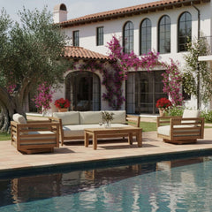 Anderson Teak Córdoba Teak Wood Outdoor Sofa Set in Pomegranate with deep seating and 9 designer color options for garden lounge.