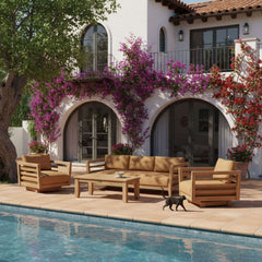 Anderson Teak Córdoba Teak Wood Sofa set in deep red pomegranate color, outdoor patio seating with plush cushions and stylish design.