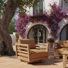 Anderson Teak Córdoba Teak Wood sofa set in deep seating style with pomegranate cushions, part of outdoor patio garden lounge collection