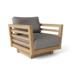 Anderson Teak Córdoba Teak Wood outdoor sofa set in cast pomegranate, featuring deep seating and nine designer color options.